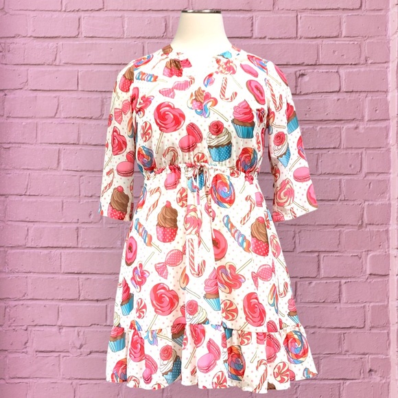 NWT Modcloth Candyland Chiffon Ruffled Hem Dress Sleeves Tie Waist Pink Blue 1X - Picture 3 of 14